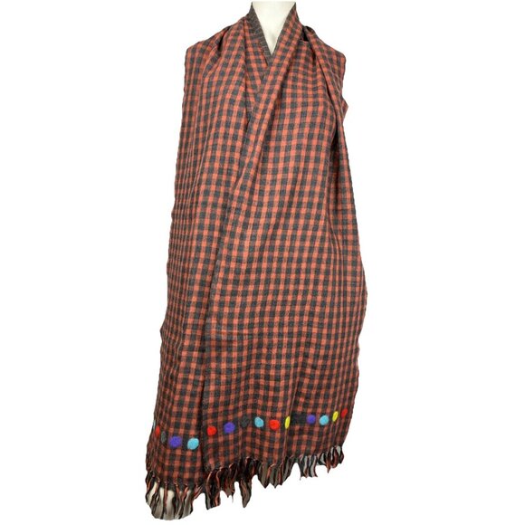 Issey Miyake Haat Check Dots Wool Scarf Made In Japan Red Gray - Picture 1 of 7